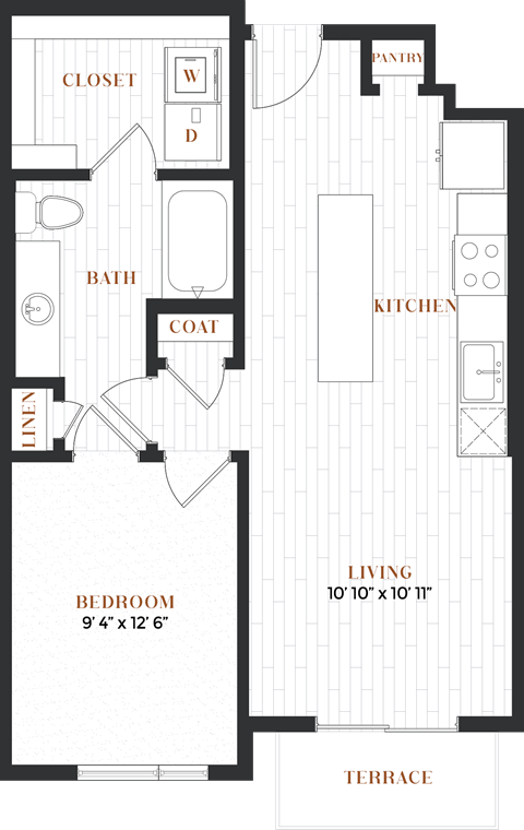 Floor plan for 1 bed, 1 bath, 660 sqft